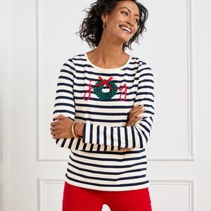 Talbots Festive Joy Wreath Striped Crewneck Top in White & Navy Sz. Large